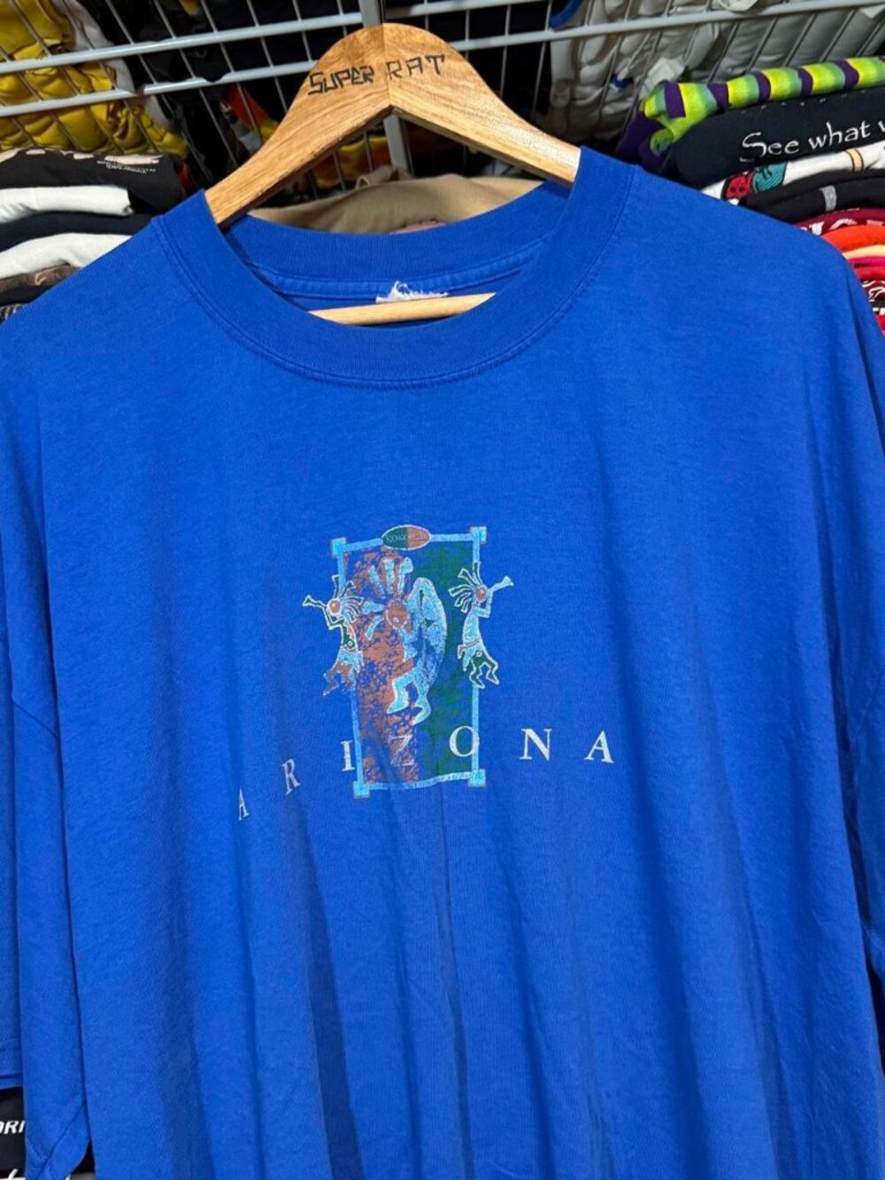 00s arizona indigenous art Kokopelli travel t shirt blue